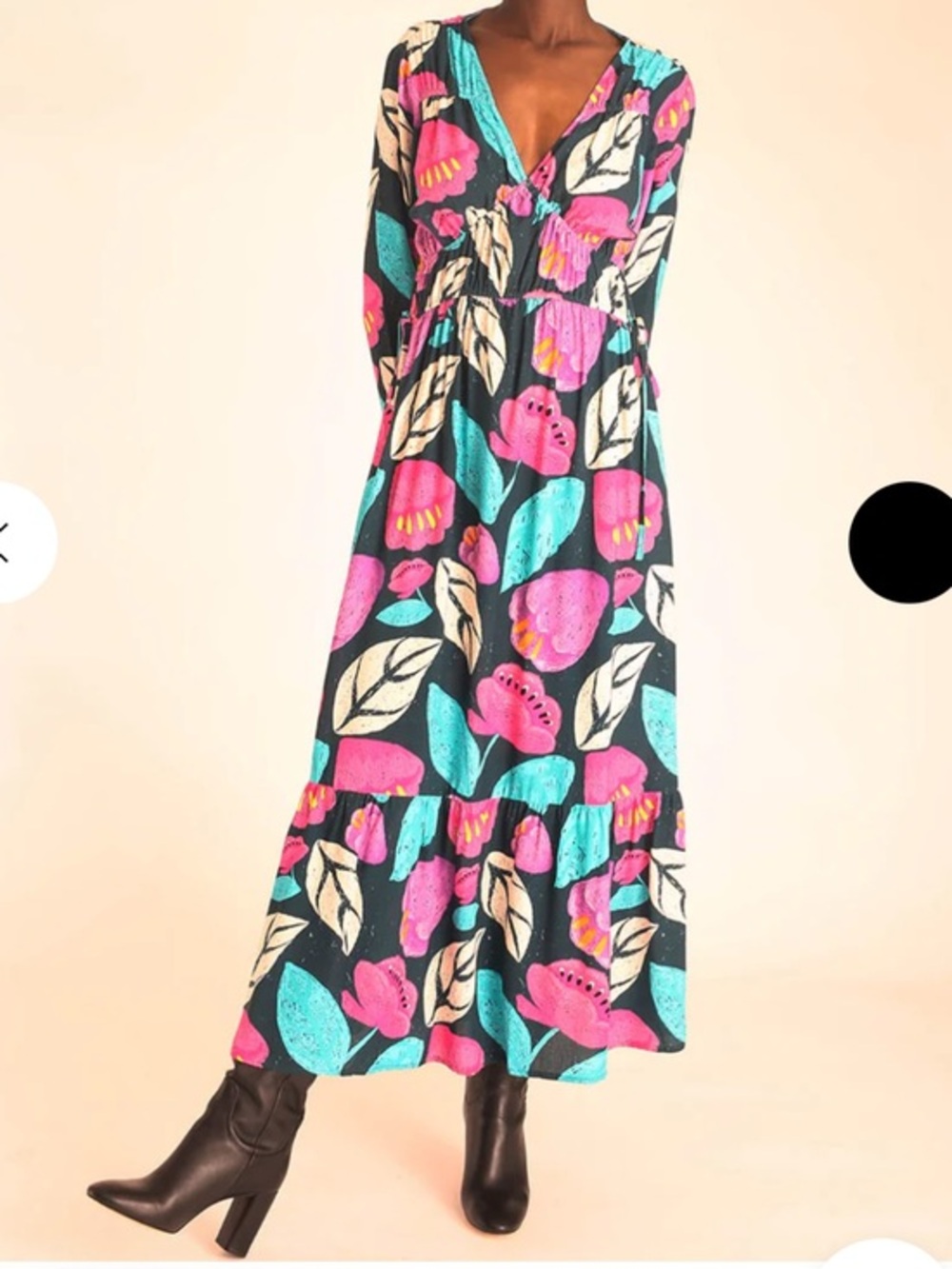 Pepaloves  FLORAL V-NECK RUFFLED LONG DRESS Size Small